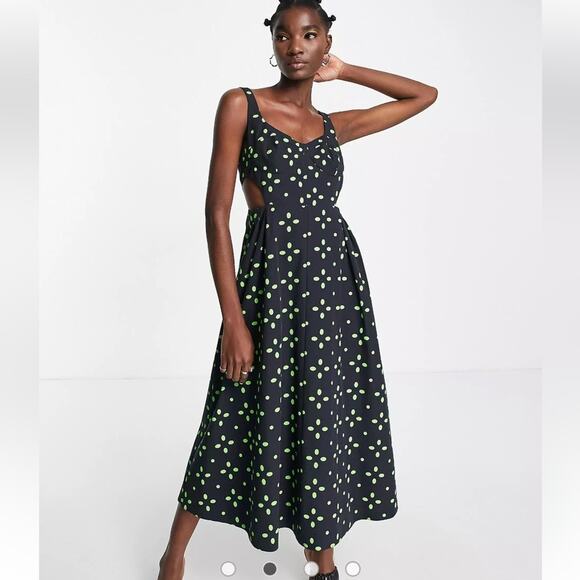 NWOT TOPSHOP Women's Cut Out Spot Pinny Dress In Green & Black - Sz 10 - Picture 1 of 11